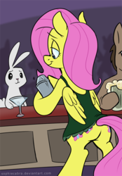 Size: 488x700 | Tagged: safe, artist:spainfischer, angel bunny, fluttershy, pegasus, pony, rabbit, g4, animal, bartender, butt, female, mare, plot