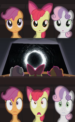 Size: 372x600 | Tagged: safe, apple bloom, scootaloo, sweetie belle, earth pony, pony, g4, my little pony: friendship is magic, one bad apple, exploitable meme, foal, meme, shocked, the ring, theater meme