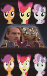 Size: 800x1290 | Tagged: safe, apple bloom, scootaloo, sweetie belle, human, g4, cutie mark crusaders, exploitable meme, inverted mouth, irl, meme, photo, the princess bride, theater meme