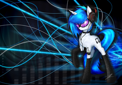 Size: 1600x1120 | Tagged: safe, artist:wreky, dj pon-3, vinyl scratch, pony, unicorn, g4, clothes, crystallized, headphones, mp3 player, raised hoof, socks, solo