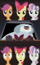 Size: 800x1290 | Tagged: safe, apple bloom, scootaloo, sweetie belle, earth pony, pony, g4, exploitable meme, foal, meme, niblet, pound puppies, secret butt fun, theater meme