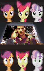 Size: 800x1290 | Tagged: safe, apple bloom, scootaloo, sweetie belle, earth pony, pony, g4, exploitable meme, foal, meme, photo, theater meme, twilight (series)