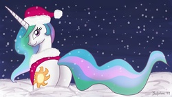 Size: 1920x1080 | Tagged: safe, artist:shivanking, princess celestia, alicorn, pony, g4, butt, christmas, female, hat, plot, snow, snowfall, solo