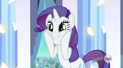 Size: 800x442 | Tagged: safe, screencap, rarity, pony, unicorn, g4, the crystal empire, chubby cheeks, grin, hub logo, solo, squishy