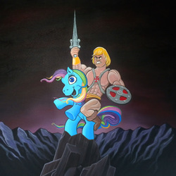 Size: 640x640 | Tagged: artist needed, source needed, safe, rainbow dash (g3), earth pony, human, pony, g3, fabulous custodes, he-man, manly as fuck, rearing, shield, sword, wat, weapon, wrong eye color