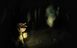 Size: 2540x1600 | Tagged: safe, artist:kairaanix, daring do, pegasus, pony, g4, bone, cave, clothes, female, lantern, mare, shirt, skeleton