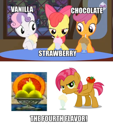 Size: 636x724 | Tagged: safe, apple bloom, babs seed, scootaloo, sweetie belle, g4, one bad apple, caption, codename kids next door, cutie mark crusaders, image macro, milkshake, mind blown, text, the fourth flavor