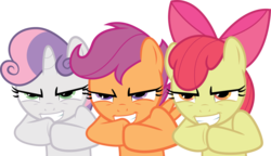 Size: 6060x3502 | Tagged: safe, artist:the-crusius, apple bloom, scootaloo, sweetie belle, earth pony, pegasus, pony, unicorn, g4, one bad apple, absurd resolution, cutie mark crusaders, evil smile, female, filly, foal, grin, horn, rapeface, simple background, transparent background, vector