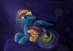 Size: 4300x3000 | Tagged: safe, artist:rainbowspine, rainbow dash, scootaloo, pegasus, pony, blank flank, cloud, crying, cuddling, eyes closed, female, filly, floppy ears, foal, mare, night, on a cloud, rain, scootalove, snuggling, watermark, wet mane, wing umbrella