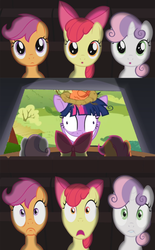 Size: 496x800 | Tagged: safe, apple bloom, scootaloo, sweetie belle, twilight sparkle, earth pony, pony, g4, cutie mark crusaders, exploitable meme, foal, meme, theater meme, twilight snapple