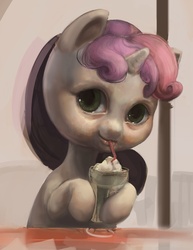 Size: 656x850 | Tagged: dead source, safe, artist:php90, sweetie belle, pony, unicorn, g4, cursed image, drink, drinking, female, filly, foal, hoof hold, looking at you, milkshake, nightmare fuel, realistic, smiling, so much nope, solo, terrifying, uncanny valley