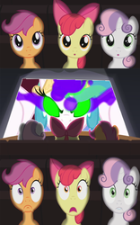 Size: 370x592 | Tagged: safe, apple bloom, princess celestia, scootaloo, sweetie belle, earth pony, pony, g4, exploitable meme, foal, meme, theater meme