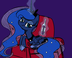 Size: 1000x800 | Tagged: safe, artist:darkponysoul, artist:sunyup, princess luna, pony, g4, bedroom eyes, bottle, colored, couch, drink, female, prone, solo