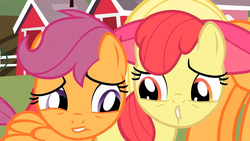 Size: 1280x720 | Tagged: safe, apple bloom, applejack, scootaloo, g4, one bad apple, inverted mouth, right angle mouth