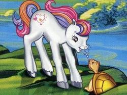 Size: 400x300 | Tagged: safe, light heart, earth pony, pony, turtle, g2, official, duo, female, mare, open mouth, smiling