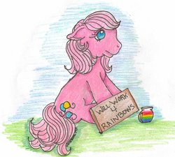 Size: 900x811 | Tagged: safe, artist:okiegurl1981, pinkie pie (g3), earth pony, pony, g3, 2010, female, mare, sad, sign, sitting, solo, traditional art, will x for y