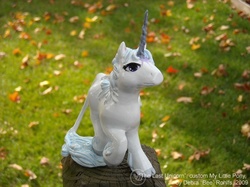 Size: 667x500 | Tagged: safe, artist:bee-chan, pony, unicorn, g1, 2009, amalthea, customized toy, female, horn, irl, leonine tail, mare, not an oc, photo, raised hoof, tail, the last unicorn, toy