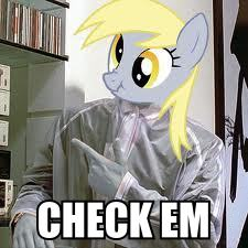 Size: 225x225 | Tagged: safe, derpy hooves, pegasus, pony, g4, check em, female, mare, meme, parody