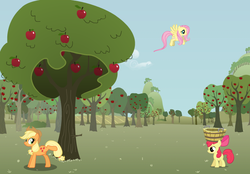 Size: 681x475 | Tagged: safe, artist:futzi01, apple bloom, applejack, fluttershy, earth pony, pegasus, pony, g4, apple, apple orchard, apple tree, bucket, female, filly, flash game, foal, food, mare, orchard, tree