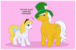 Size: 900x594 | Tagged: safe, artist:uppun, earth pony, pony, g1, alice, alice in wonderland, bow, bucktooth, disney, duo, duo male and female, female, freckles, hat, mad hatter, male, open mouth, ponified, tail, tail bow, top hat
