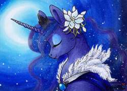 Size: 525x376 | Tagged: safe, artist:cianiati, princess luna, pony, g4, feather, female, flower, flower in hair, solo