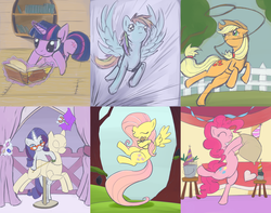 Size: 1902x1500 | Tagged: safe, artist:dsurion, applejack, fluttershy, madame leflour, mr. turnip, pinkie pie, rainbow dash, rarity, rocky, twilight sparkle, g4, book, glasses, lasso, magic, mane six