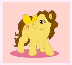 Size: 800x719 | Tagged: safe, artist:uppun, earth pony, pony, g1, beauty and the beast, belle, disney, disney princess, pink background, ponified, simple background, solo, tail bow, turned head