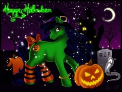 Size: 1000x750 | Tagged: safe, artist:uppun, oc, oc only, oc:jack o'lantern, bird, cat, crow, earth pony, ghost, spider, undead, g3, 2009, black cat, bow, bracelet, clothes, crescent moon, earth pony oc, female, gravestone, halloween, halloween 2009, happy halloween, hat, holiday, jack-o-lantern, jewelry, leg warmers, mare, moon, night, pumpkin, purple sky, spider web, striped leg warmers, tail, tail bow, turned head, witch hat