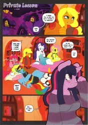 Size: 2145x3049 | Tagged: safe, artist:leche, applejack, fluttershy, pinkie pie, rainbow dash, rarity, twilight sparkle, anthro, comic:private lesson, hoofbeat 2, g4, breasts, busty fluttershy, busty pinkie pie, comic, female, hoofbeat