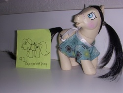 Size: 500x377 | Tagged: safe, artist:colorscapesart, earth pony, pony, g3, 2011, customized toy, female, freckles, gag gift, implied pap smear, irl, mare, pap smear, photo, pigtails, sticky note