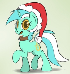 Size: 859x900 | Tagged: safe, artist:crade, lyra heartstrings, pony, unicorn, g4, christmas, collar, female, happy, hat, raised hoof, santa hat, smiling, solo