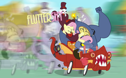 Size: 1150x719 | Tagged: safe, artist:zsoayz, angel bunny, fluttershy, manny roar, dragon, manticore, g4, andy anvil, bandwagon, bomb, car, cigar, crossover, parody, peacock (skullgirls), riding, skullgirls, tommy ten-tons