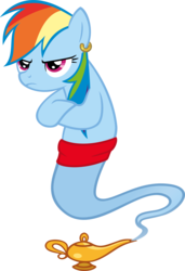 Size: 2738x4000 | Tagged: safe, artist:timeimpact, rainbow dash, earth pony, genie, genie pony, pony, g4, aladdin, crossed hooves, ear piercing, earring, female, geniefied, high res, jewelry, lamp, magic lamp, mare, piercing, rainbow dash is not amused, simple background, solo, transformation, transparent background, unamused, unhappy, vector, waistband, wingless