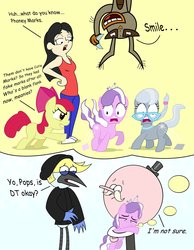 Size: 1680x2168 | Tagged: safe, artist:cartuneslover16, apple bloom, diamond tiara, silver spoon, oc, g4, comic sans, crossover, lilyreaper1013, male, mordecai, mucha lucha, non-mlp oc, pops maellard, regular show, the flea