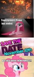 Size: 429x960 | Tagged: safe, pinkie pie, g4, my little pony: friendship is magic, season 3, comic, cute, excited, explosion, fangirl, happy, hype, image macro, in-universe pegasister, meme, pegasister, pinkamena diane pie, roflbot, screencap comic, smiling, time for ponies, transformers, transformers prime