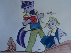 Size: 3264x2448 | Tagged: safe, artist:mariwii, spike, twilight sparkle, anthro, g4, crossover, duo, konjiki no gash bell, parody, traditional art, zatch bell