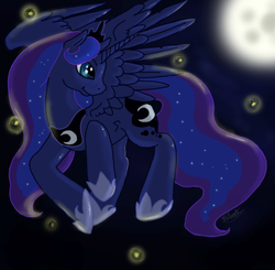 Size: 566x555 | Tagged: safe, artist:silvermoonbreeze, firefly, princess luna, alicorn, pony, g4, 2011, ethereal hair, ethereal mane, ethereal tail, female, flying, hoof shoes, jewelry, moon, peytral, solo, spread wings, tail, tiara, turned head, wings