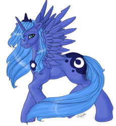 Size: 526x572 | Tagged: safe, artist:silvermoonbreeze, princess luna, alicorn, pony, g4, 2010, female, jewelry, missing accessory, peytral, raised hoof, s1 luna, simple background, solo, spread wings, tail, tiara, white background, windswept tail, wings