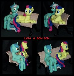 Size: 900x921 | Tagged: safe, artist:madponyscientist, bon bon, lyra heartstrings, sweetie drops, earth pony, pony, g4, bench, craft, female, irl, photo, sculpture, toy, traditional art