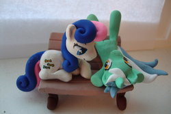 Size: 900x601 | Tagged: safe, artist:cuppae, bon bon, lyra heartstrings, sweetie drops, earth pony, pony, g4, bench, craft, irl, photo, sculpture