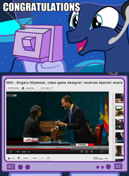 Size: 563x769 | Tagged: dead source, safe, princess luna, pony, gamer luna, g4, exploitable meme, meme, nintendo, shigeru miyamoto, spain, tv meme, youtube