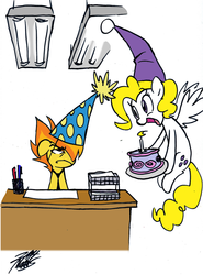 Size: 2351x3174 | Tagged: safe, artist:willdrawforfood1, spitfire, surprise, g1, g4, g1 to g4, generation leap, office party, party