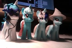 Size: 900x600 | Tagged: safe, artist:shadowpanda15, dj pon-3, lyra heartstrings, minuette, trixie, vinyl scratch, pony, g4, brushable, customized toy, irl, photo, toy, wip