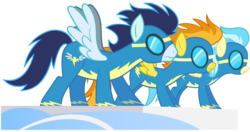 Size: 5500x2900 | Tagged: safe, artist:mihaaaa, misty fly, soarin', spitfire, pegasus, pony, g4, clothes, female, male, mare, simple background, spread wings, stallion, transparent background, trio, uniform, vector, wings, wonderbolts, wonderbolts uniform