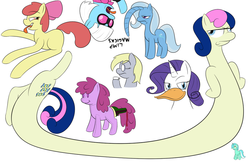 Size: 900x583 | Tagged: safe, artist:lamia, apple bloom, berry punch, berryshine, bon bon, derpy hooves, lyra heartstrings, photo finish, rarity, sweetie drops, trixie, earth pony, pegasus, pony, unicorn, bridle gossip, g4, duckface, elastic, female, longbon, mare, poison joke, wat