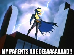 Size: 624x466 | Tagged: safe, edit, applejack, g4, batman, batman the animated series, caption, crossover, image macro, my parents are dead, parent, parody