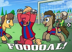 Size: 1000x729 | Tagged: safe, artist:madmax, big macintosh, caramel, doctor whooves, dumbbell, time turner, earth pony, pony, g4, andrés iniesta, fc barcelona, football, lionel messi, male, stallion, xavi