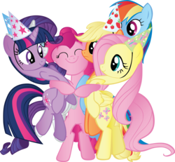 Size: 1834x1698 | Tagged: safe, artist:wraithx79, applejack, fluttershy, pinkie pie, rainbow dash, rarity, twilight sparkle, earth pony, pegasus, pony, unicorn, g4, my little pony: friendship is magic, party of one, eyes closed, group hug, hug, mane six, party, simple background, transparent background, vector