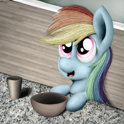 Size: 1280x1280 | Tagged: safe, artist:zirbronium, rainbow dash, pony, g4, bowl, cup, cute, female, filly, filly rainbow dash, looking up, open mouth, smiling, solo, younger