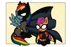 Size: 862x573 | Tagged: safe, artist:chiisai-suzume, rainbow dash, scootaloo, g4, batman, crossover, parody, robin